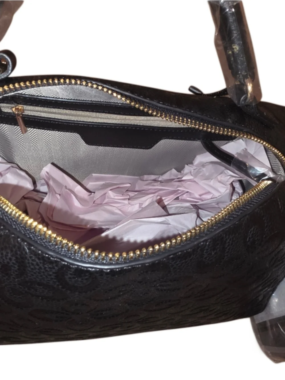 Brand New - Black Embossed Top-Handle Satchel with Matching Wallet & Strap